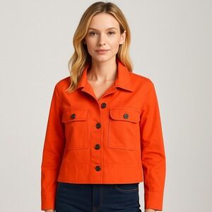 Cabi Women Orange Utility Jacket Blazer Crop Size XS Cotton Spandex Bold Modern